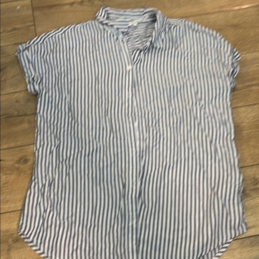 Navy Striped Casual Button Down Shirt Lightweight Short Sleeves